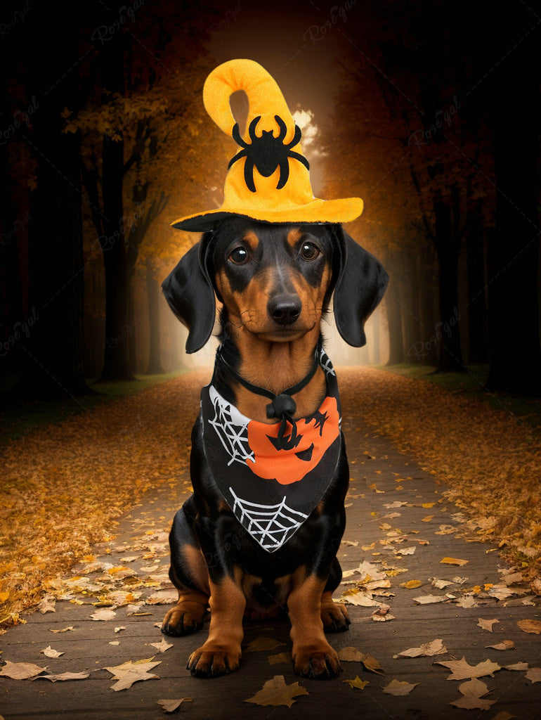 Costume de sorcière d'Halloween pour animaux de compagnie, bavoirs imprimés en toile d'araignée citrouille, bandana et chapeau