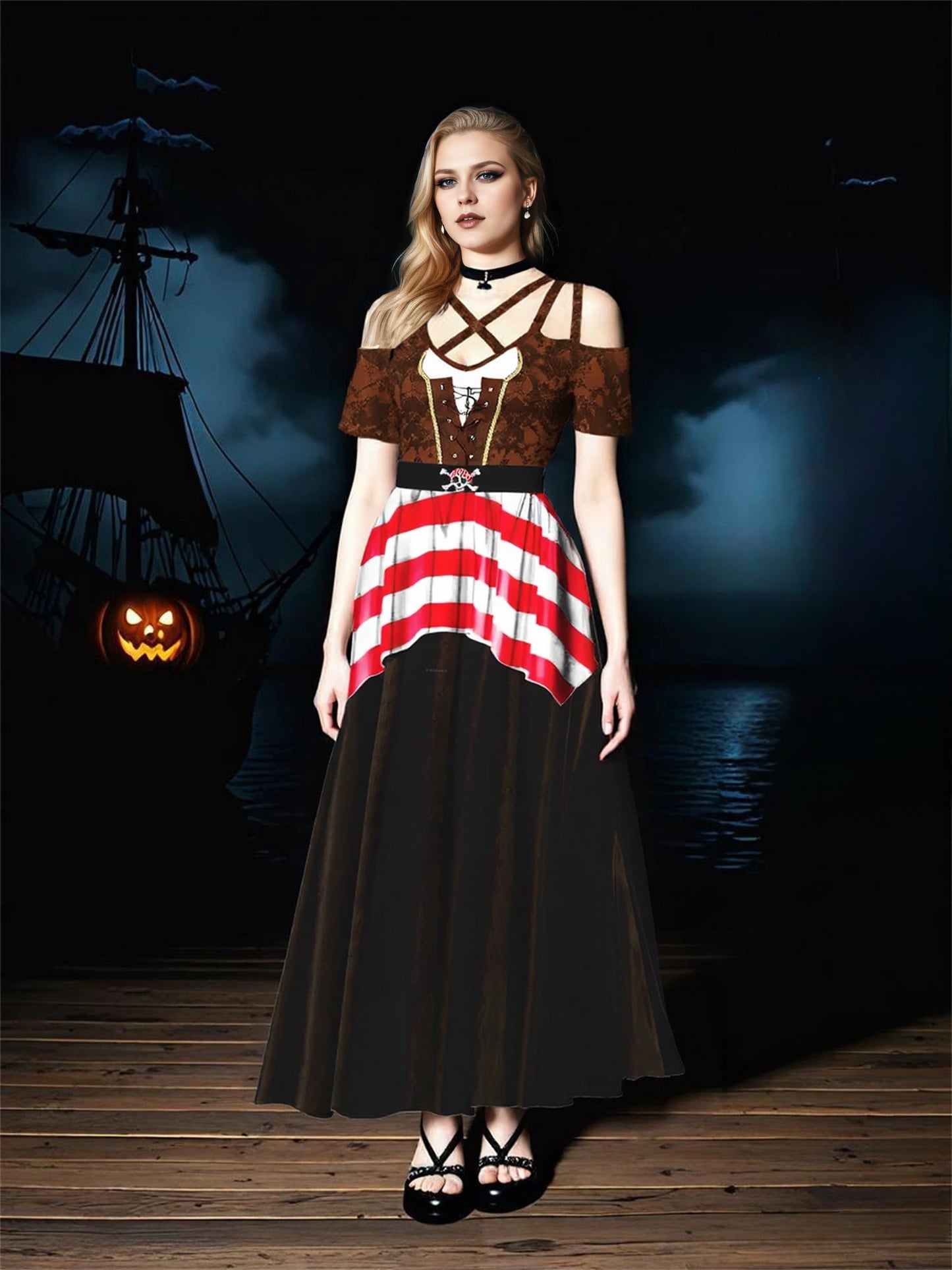 Plus Size Halloween Costume Pirate Style 3D Printed Cold Shoulder Crisscross Maxi Dress