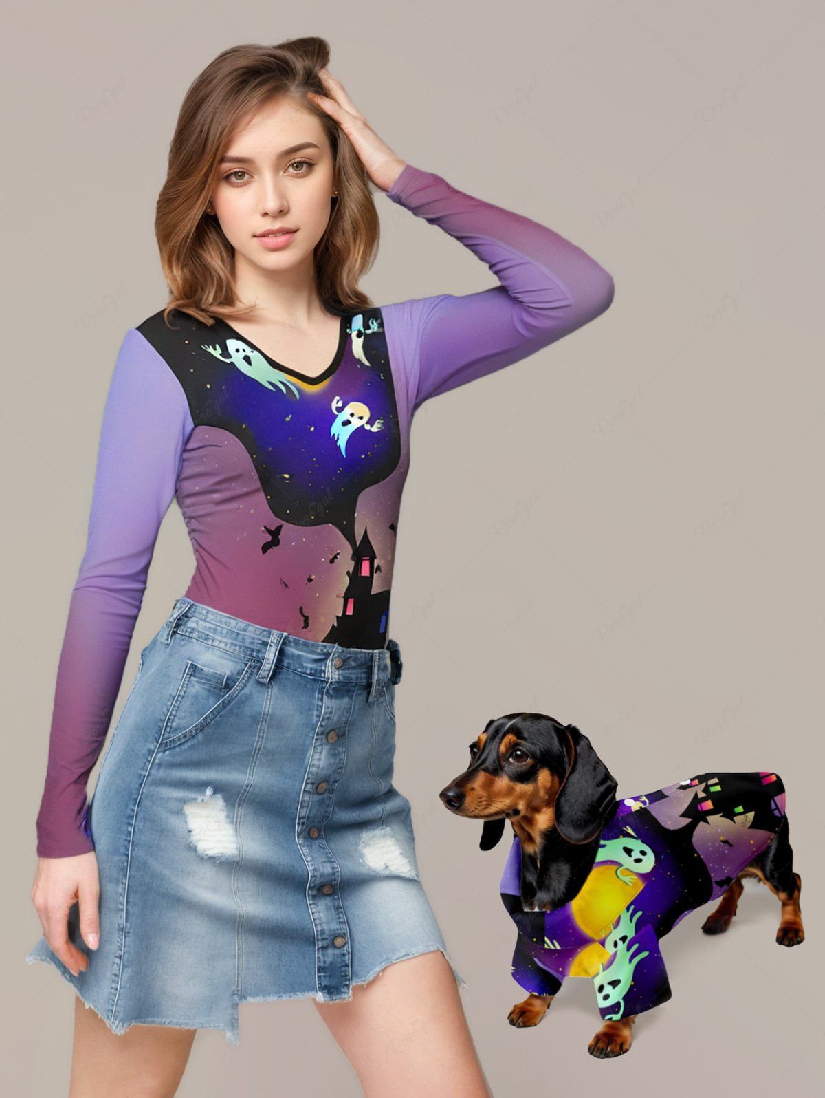 Halloween Pumpkin Castle Tree Bat Ghost Ombre Galaxy Printed Long Sleeves T-shirt