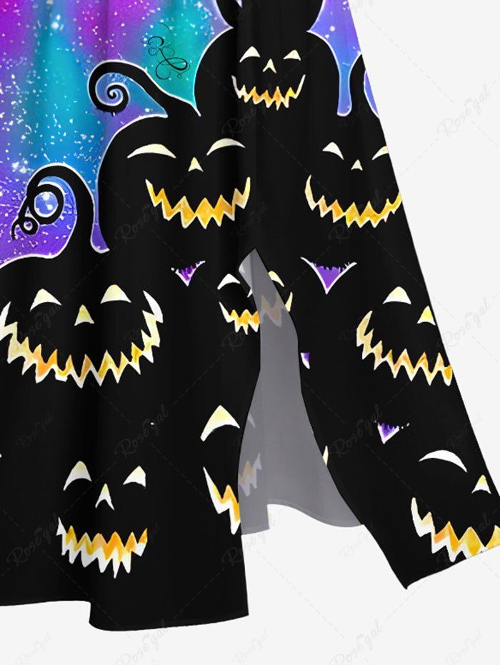 Plus Size Cat Pumpkin Glitter Moon Colorful Ombre Galaxy Printed Halloween Costume Split Pocket Midi Dress