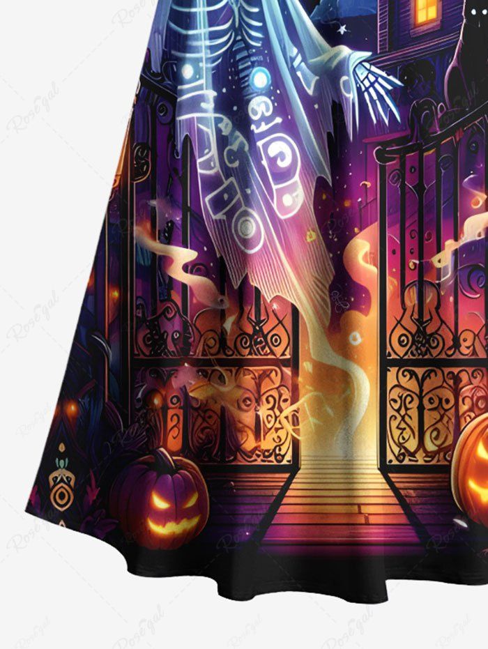 Robe longue croisée à épaules dénudées et imprimé squelette fantôme citrouille lanterne lune pour costume d'Halloween grande taille