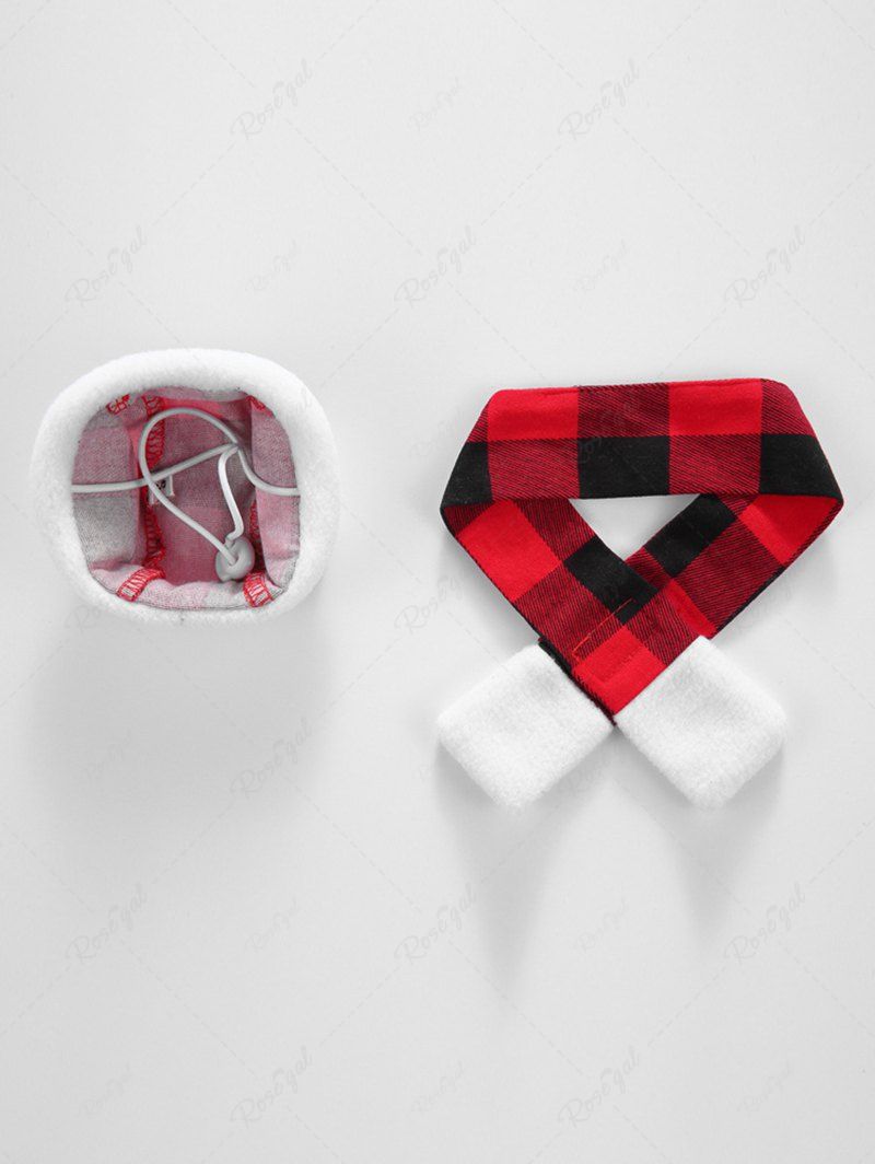 Pet's Christmas Plaid Foot Printed Scarf And Fleece Trim Hat
