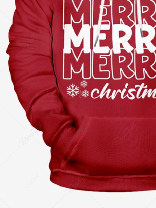 Plus Size Christmas Tree Elk Snowman Snowflake Letters Printed Pocket Pullover Long Sleeves Hoodie