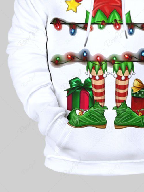 Plus Size Christmas Hat Light Stocking Shoes Gift Printed Pocket Drawstring Pullover Long Sleeves Hoodie