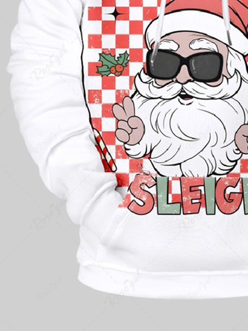 Plus Size Christmas Plaid Letters Santa Claus Printed Pocket Drawstring Pullover Long Sleeves Hoodie