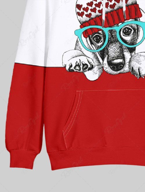 Plus Size Christmas Dog Heart Hat Printed Pocket Drawstring Pullover Long Sleeves Hoodie