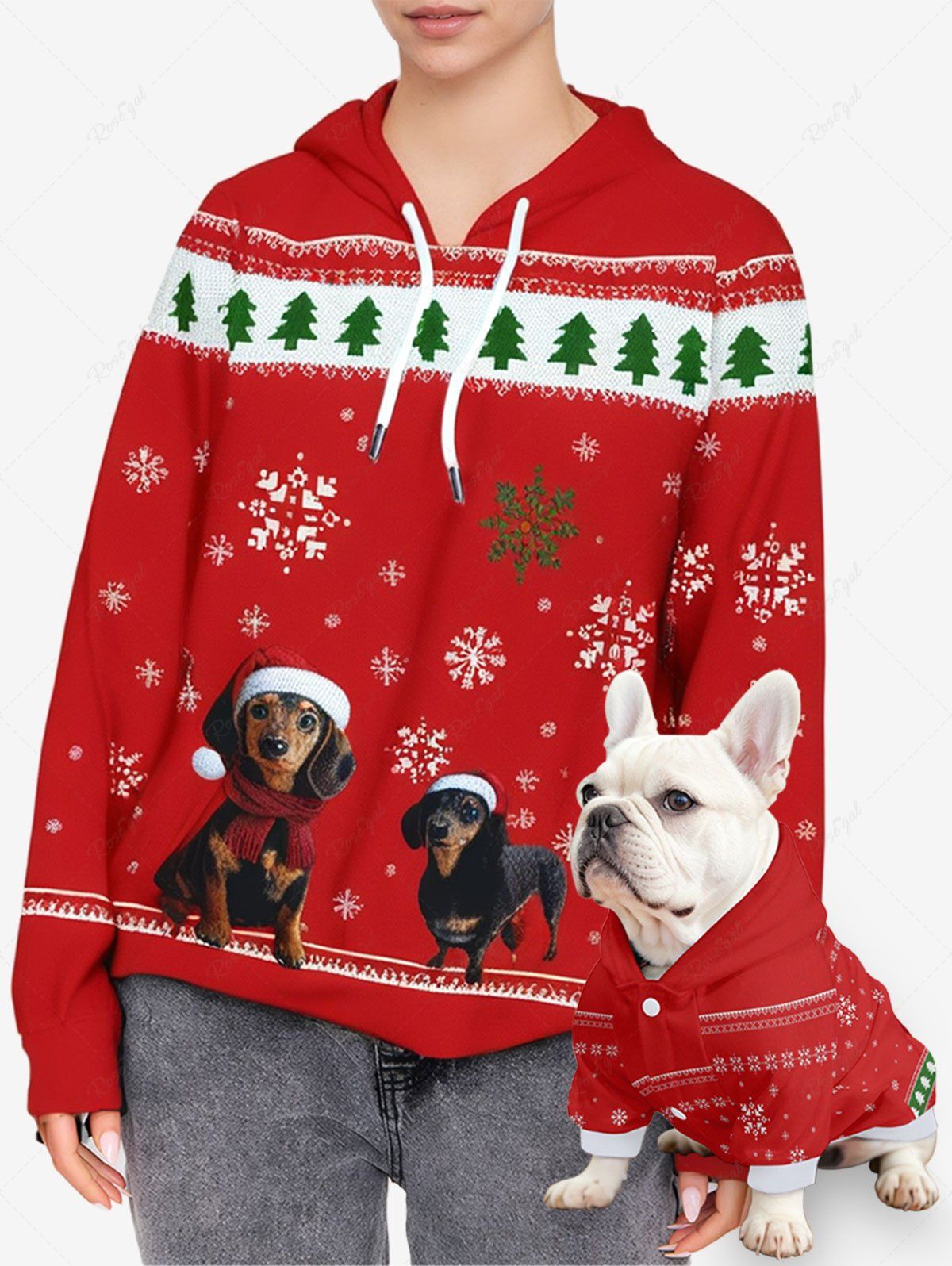 Sweat à capuche à imprimé rayé pour chien avec chapeau et flocon de neige et sapin de Noël, tenues assorties pour chien et propriétaire
