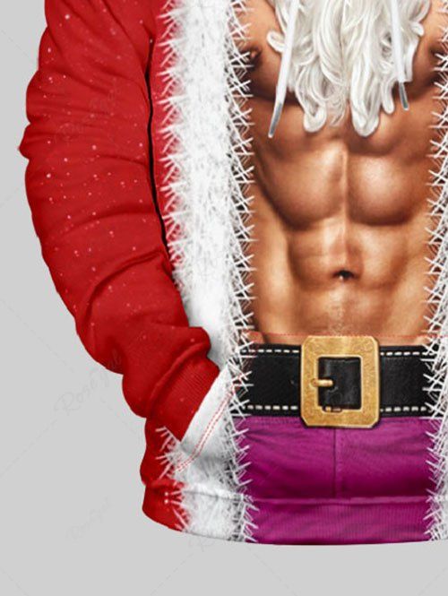 Christmas Santa Claus Fleece Trim Beard Abdominal Muscles 3D Printed Pocket Drawstring Hoodie For Men