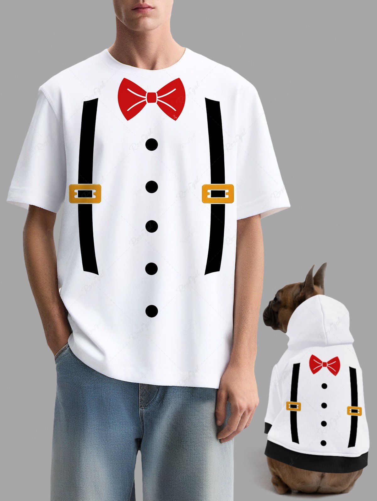 T-shirt à capuche avec imprimé nœud papillon et bouton à bretelles, tenues assorties pour chien et propriétaire