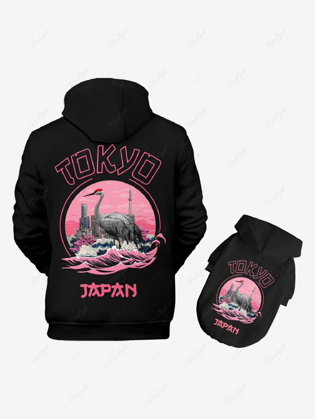 Sweat à capuche imprimé grue à couronne rouge Tokyo Letters pour chien et propriétaire, tenues assorties