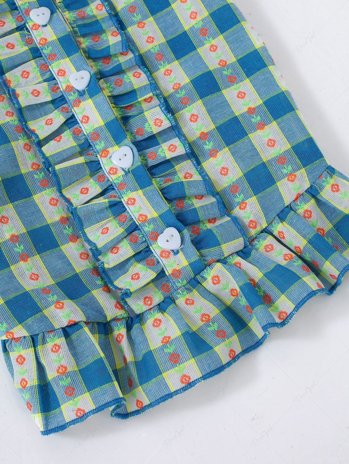 Pet's Heart Buttons Plaid Flowers Printed Ruffles Dress
