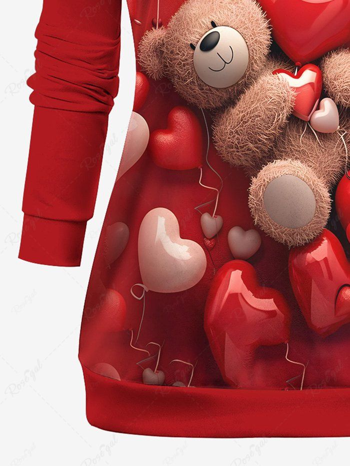 Plus Size Valentine's Day Heart Balloon Bear Printed Raglan Sleeves Sweatshirt