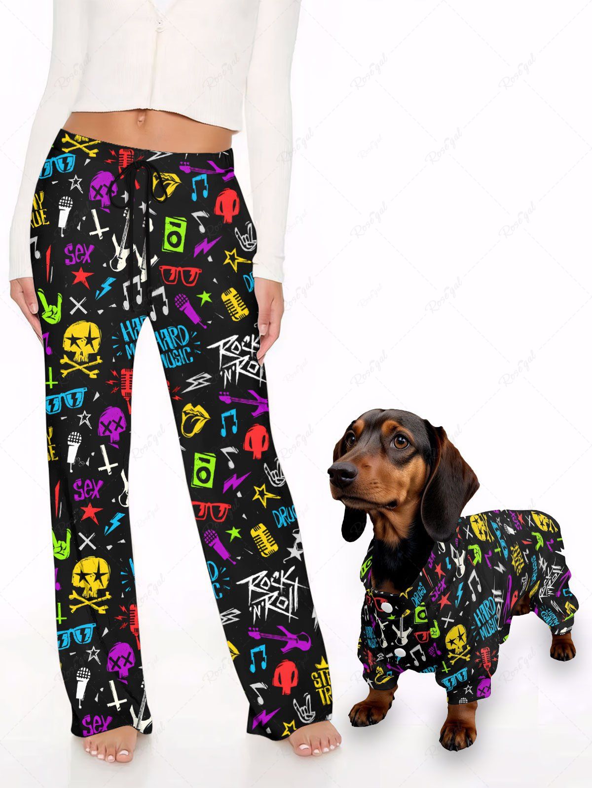 Colorful Skull Star Microphone Letters Print Pants Pajama Dog And Owner Matching Outfits