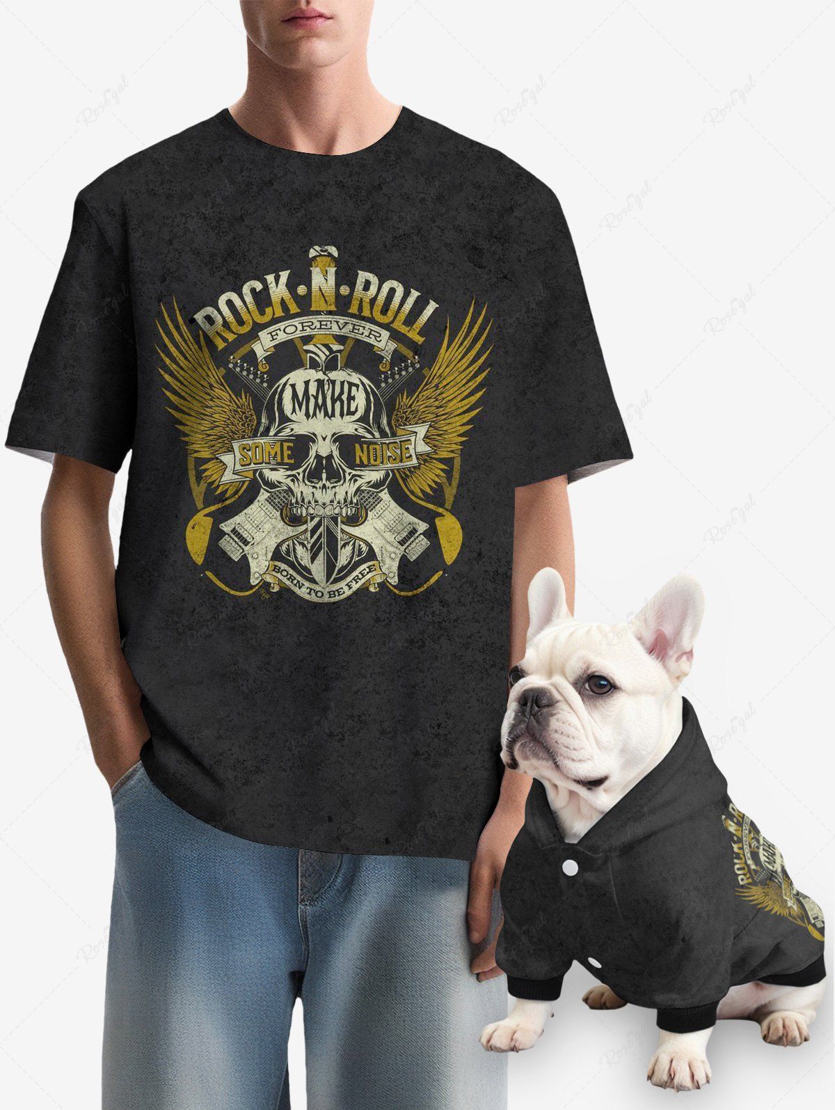 T-shirt à capuche imprimé avec lettres et ailes de crâne, tenues assorties pour chien et propriétaire