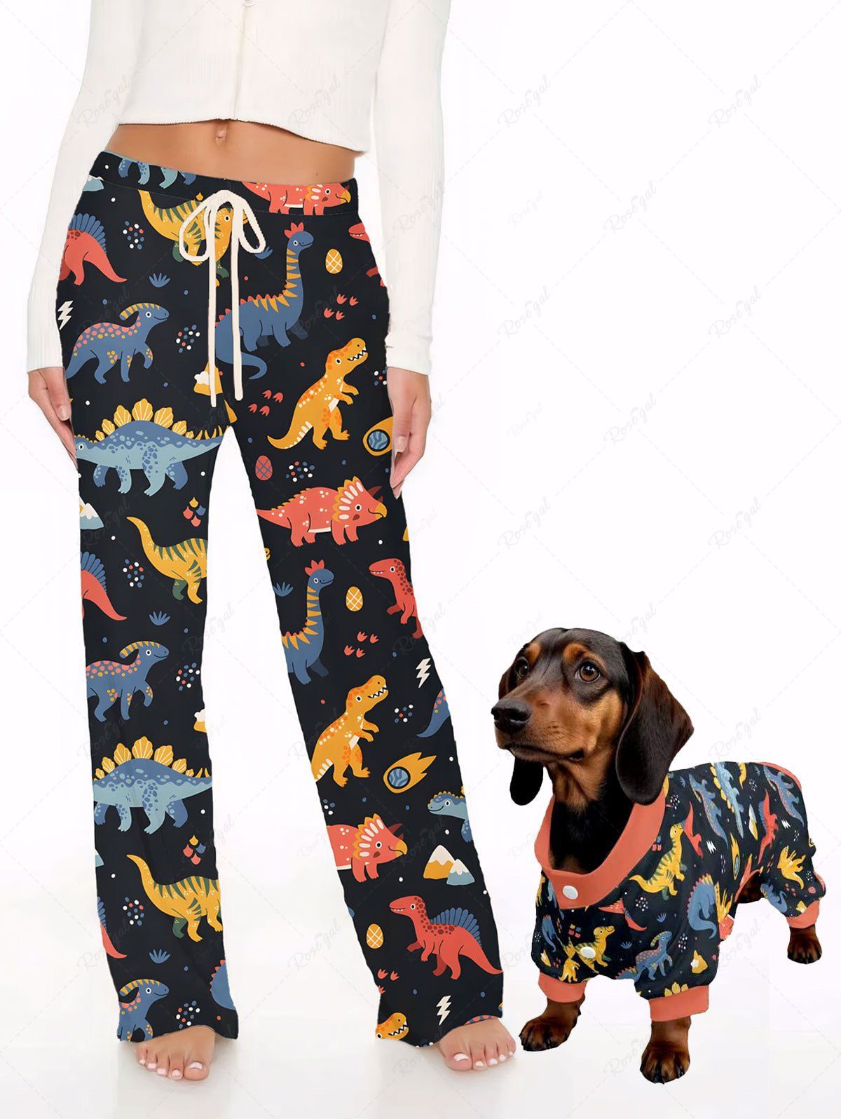 Dinosaur Printed Pajama and Wide Leg Pants Dog and Owner Matching Outfits