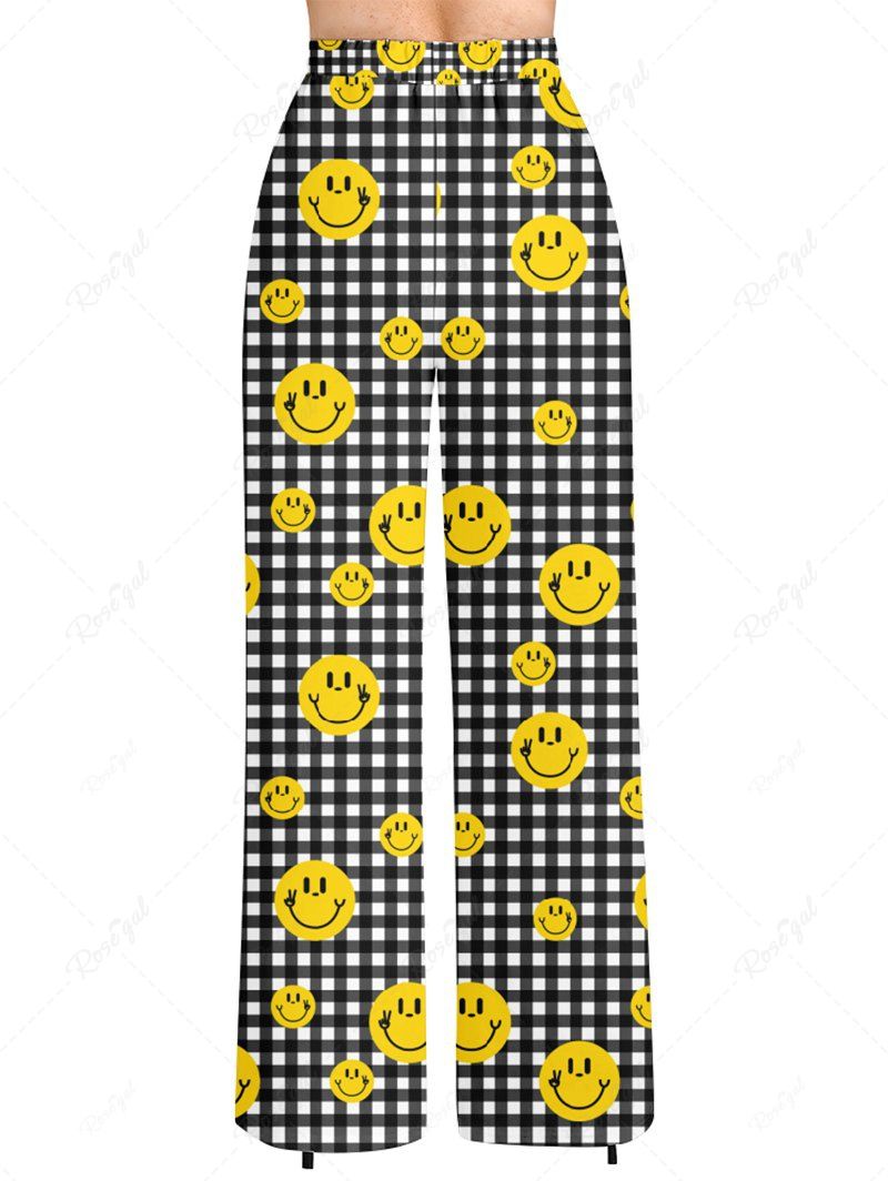 Plus Size Plaid Smile Face Printed Drawstring Wide Leg Pants