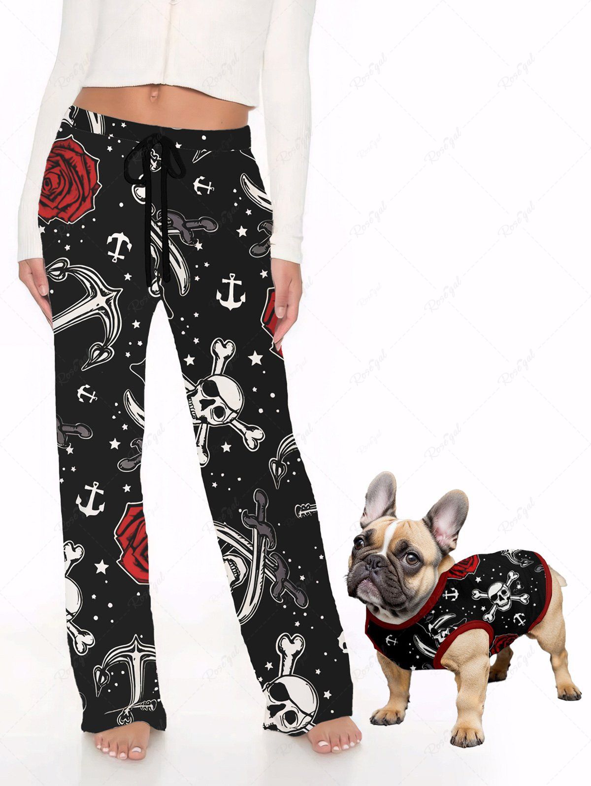 Débardeur imprimé tête de mort, rose, fleur, étoile, ancre, pantalon large, tenues assorties pour chien et propriétaire