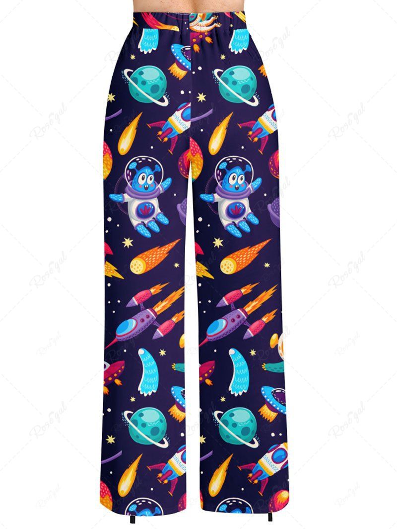 Plus Size Galaxy Planet Astronaut Spacecraft Printed Drawstring Wide Leg Pants
