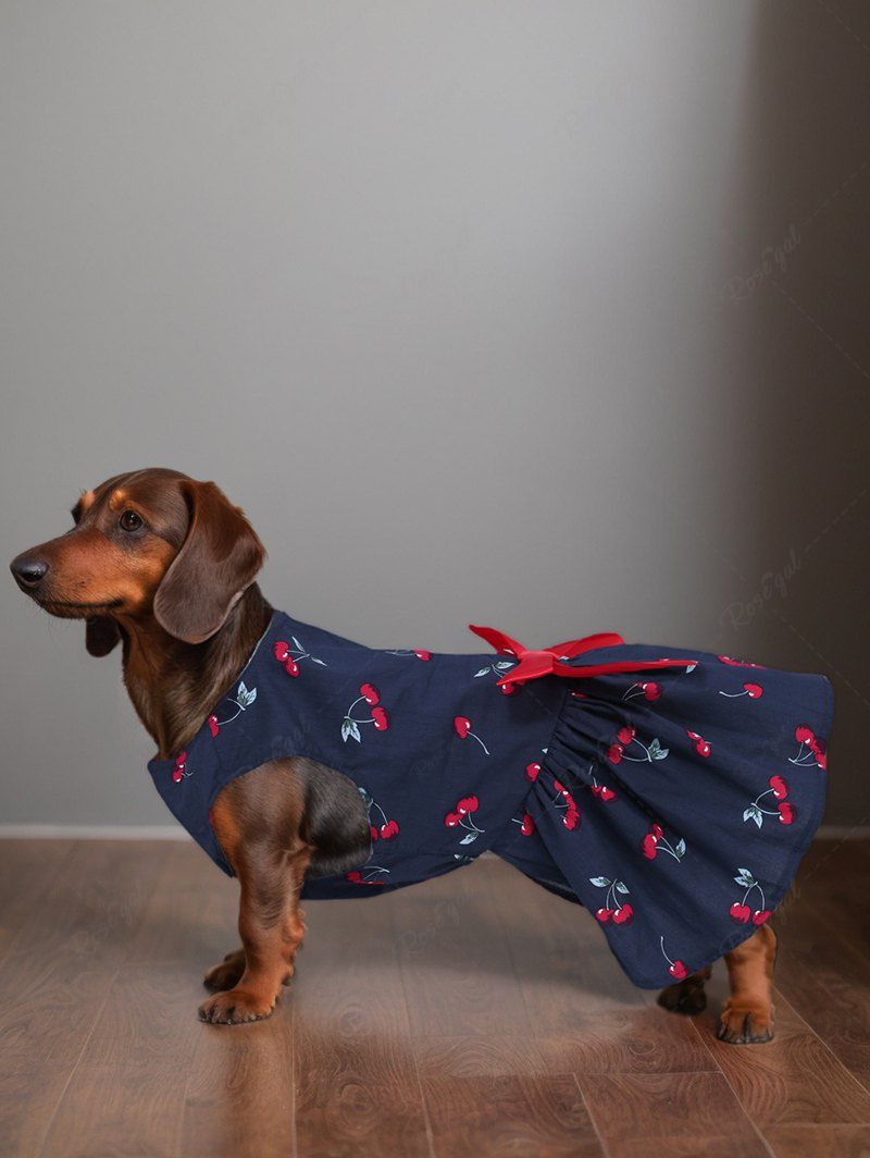 Cherry Print Bowknot Ruched Dresses Dog and Owner Matching Outfits