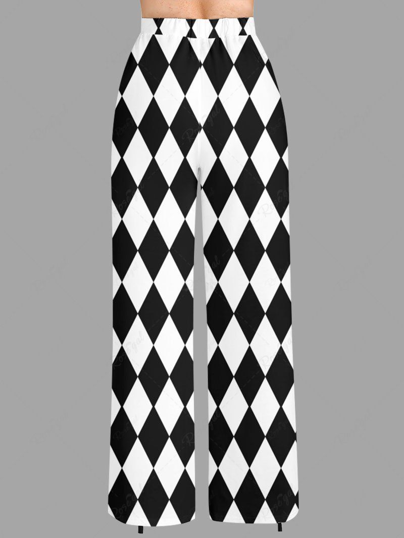 Plus Size Two Tone Checkered Printed Drawstring Wide Leg Pants