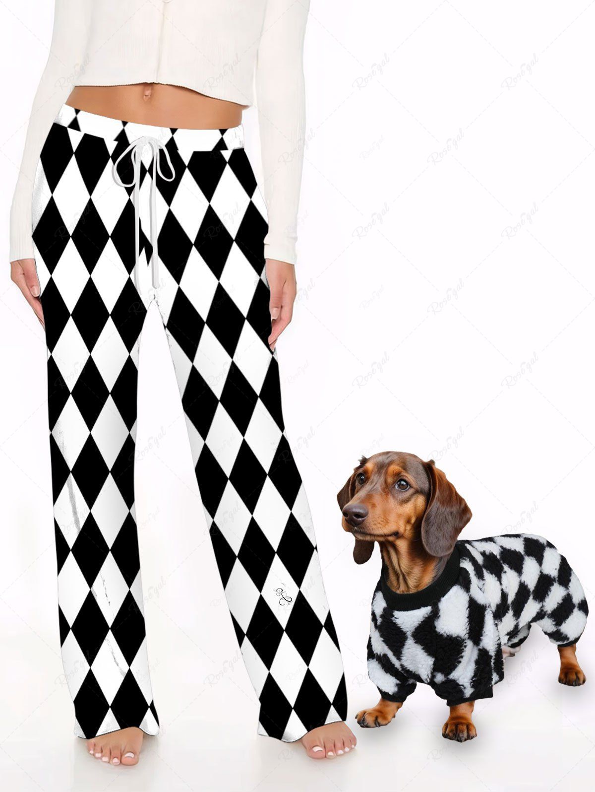 Two Tone Checkered Printed Fleece Pajama and Wide Leg Pants Dog and Owner Matching Outfits