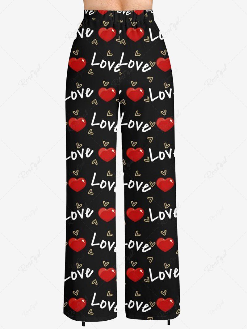 Plus Size Love Letter Heart Printed Valentines Drawstring Wide Leg Pants