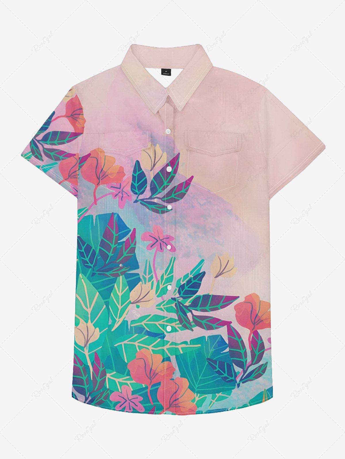 Chemise à col rabattu avec imprimé floral et feuilles tropicales ombrées pour femme, style hawaïen, avec poches boutonnées