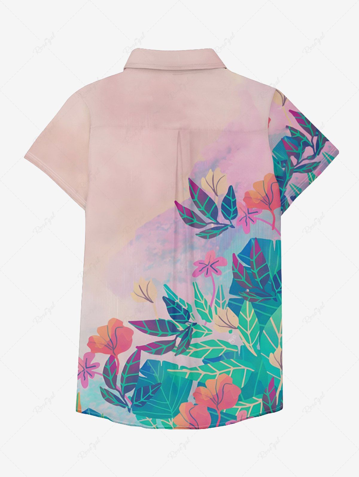 Chemise à col rabattu avec imprimé floral et feuilles tropicales ombrées pour femme, style hawaïen, avec poches boutonnées