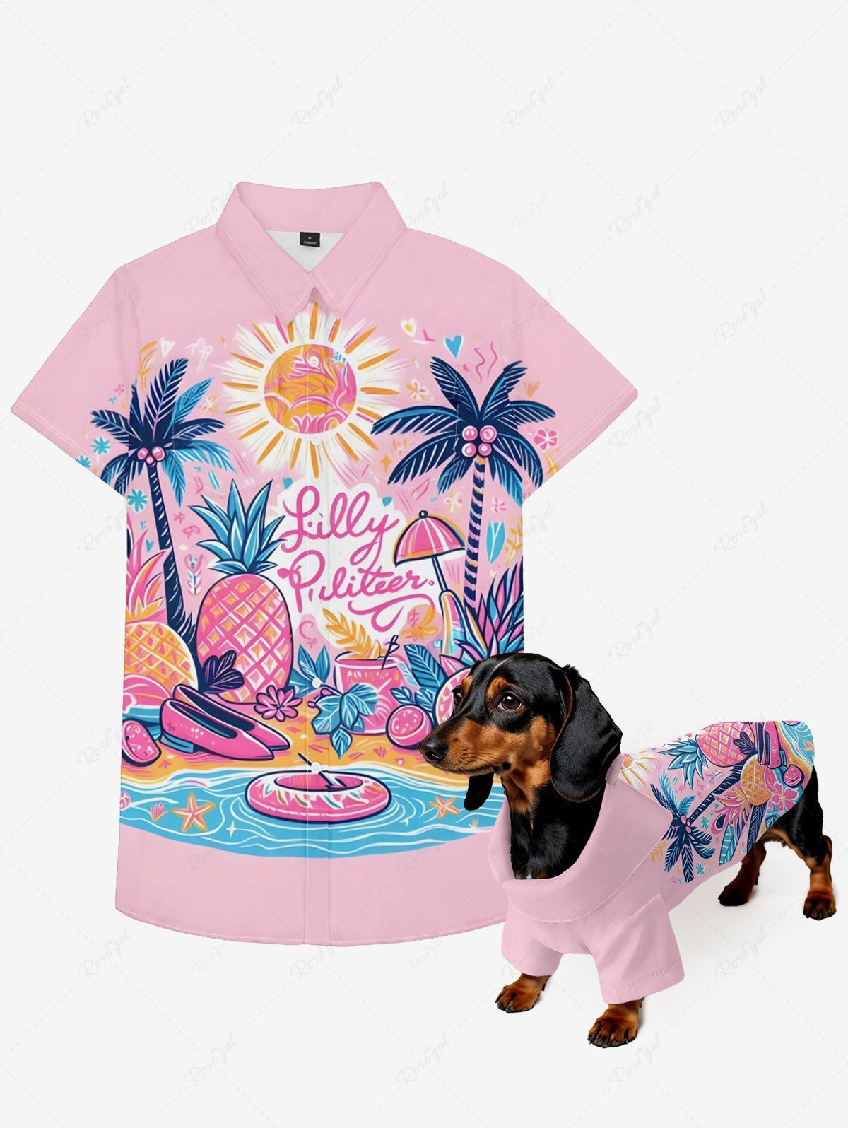 Chemises à boutons colorées avec imprimé cocotier, ananas, mer, plage, soleil, hawaïen, tenues assorties pour chien et propriétaire