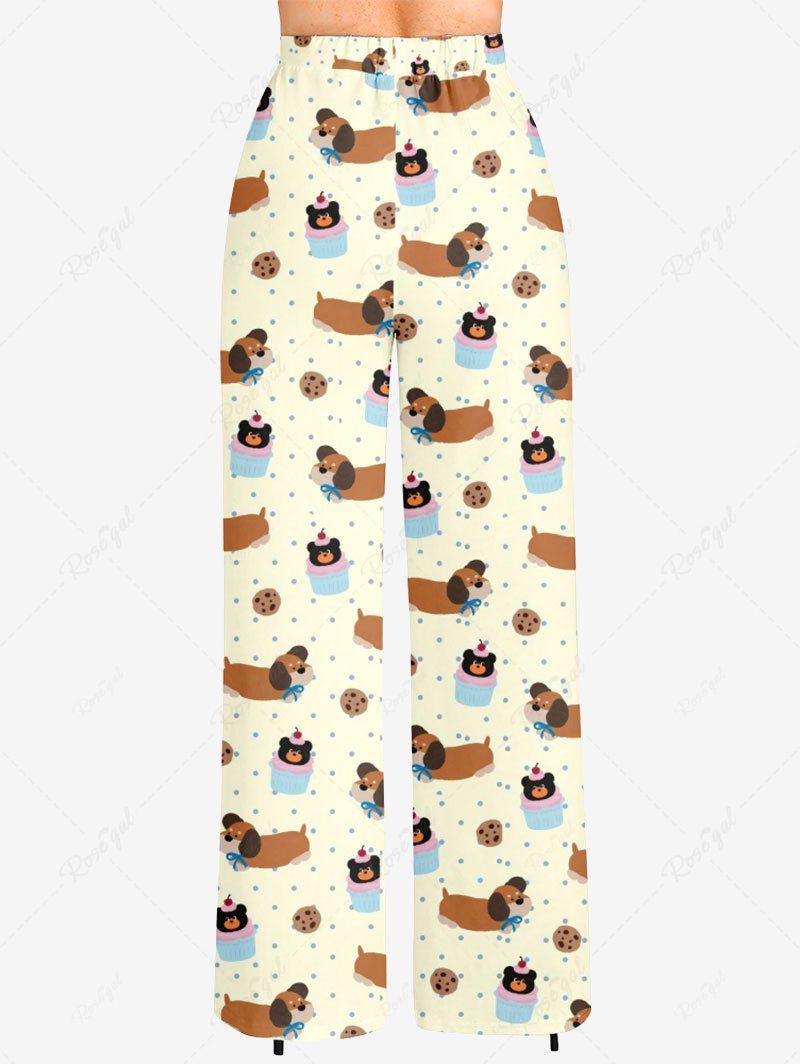 Plus Size Dog Bear Dots Printed Drawstring Wide Leg Pants