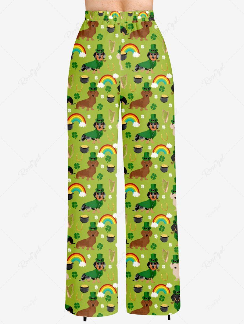 Plus Size St. Patrick's Day Dog Rainbow Clover Leaf Printed Drawstring Wide Leg Pants