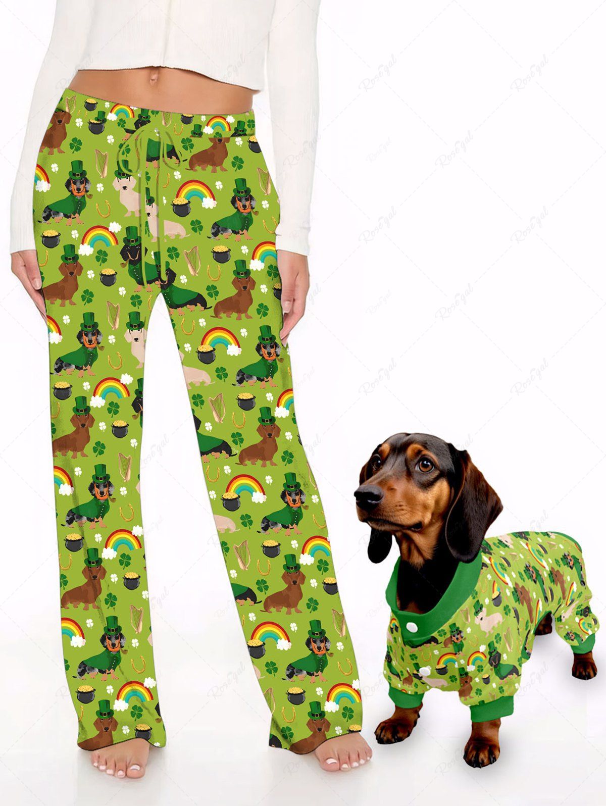 Pyjama imprimé trèfle arc-en-ciel et pantalon large pour chien de la Saint-Patrick Tenues assorties pour chien et propriétaire