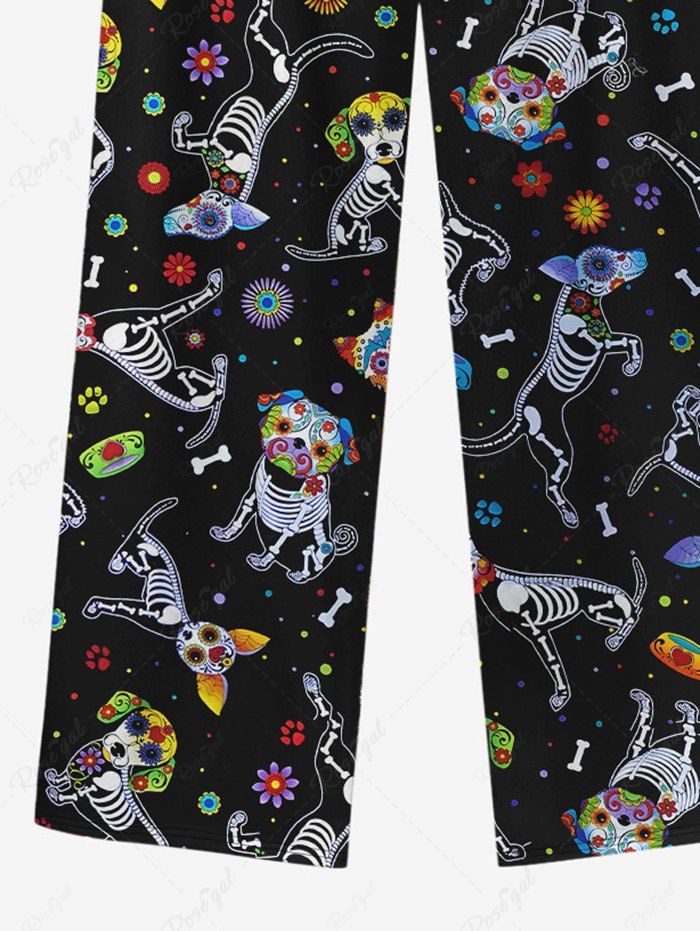 Plus Size Flowers Dog Skeleton Printed Drawstring Wide Leg Pants For Men