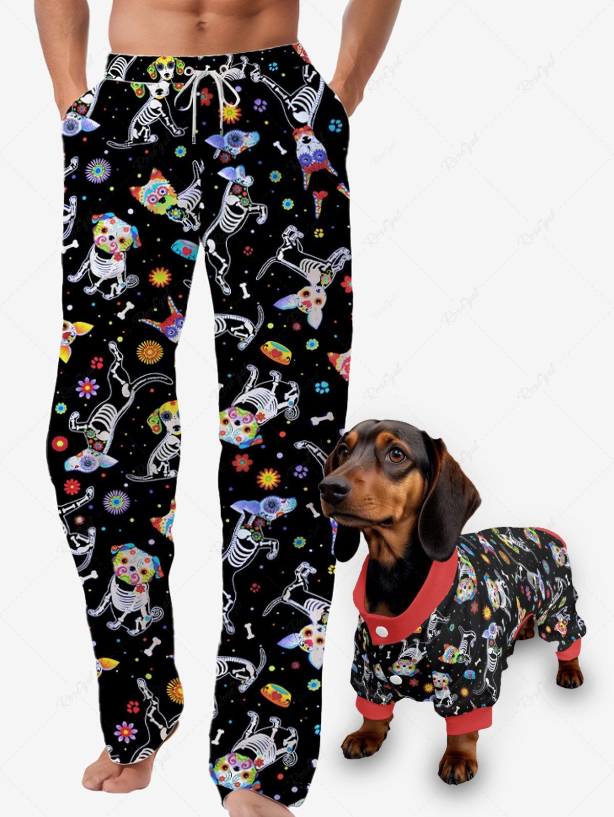 Flowers Puppy Skeleton Print Pants Pajama Dog And Owner Matching Outfits