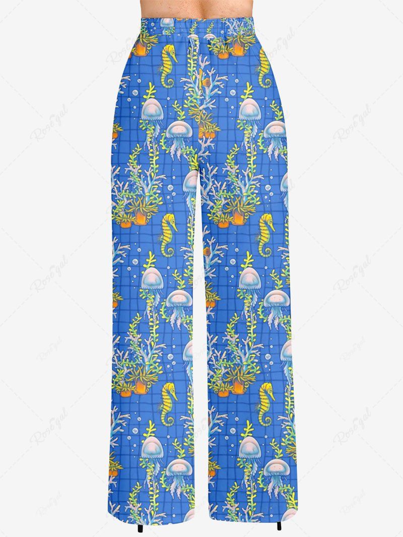 Plus Size Coral Waterweed Jellyfish Fish Seahorse Line Plaid Printed Hawaii Drawstring Wide Leg Pants