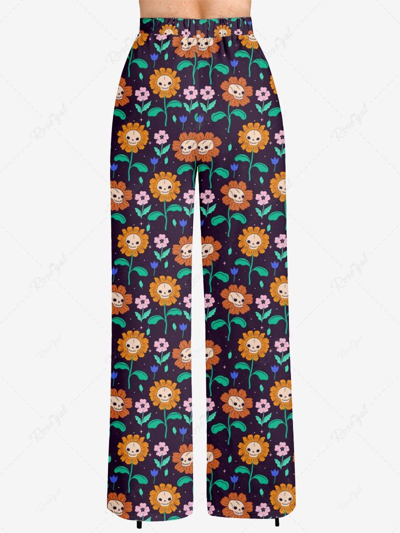 Plus Size Skull Flower Printed Drawstring Wide Leg Pants