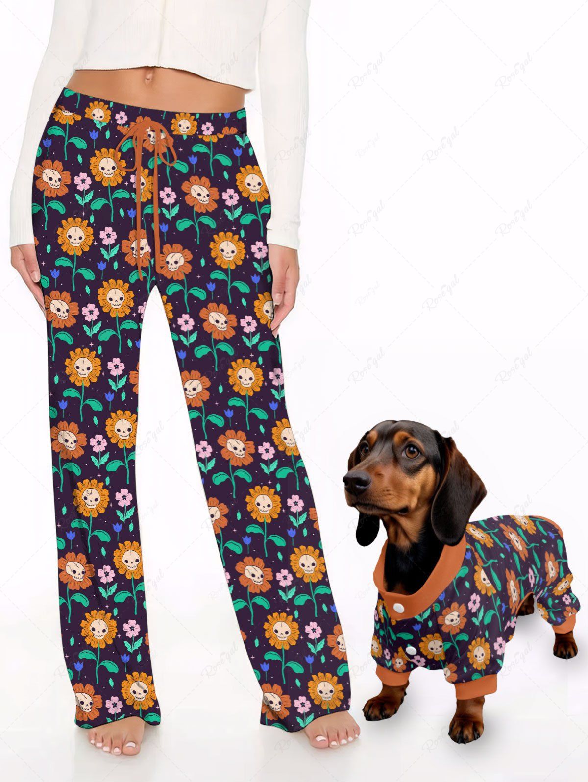 Skull Flower Print Pajama Pants Dog And Owner Matching Outfits