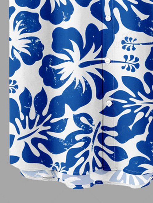 Plus Size Tropical Leaf Hibiscus Flower Printed Buttons Pocket Hawaii Shirt For Men