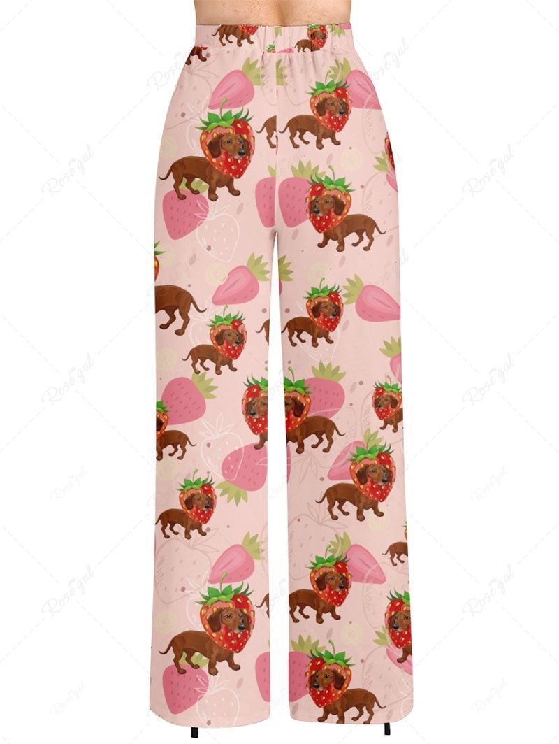 Plus Size Dog Strawberry Printed Drawstring Wide Leg Pants