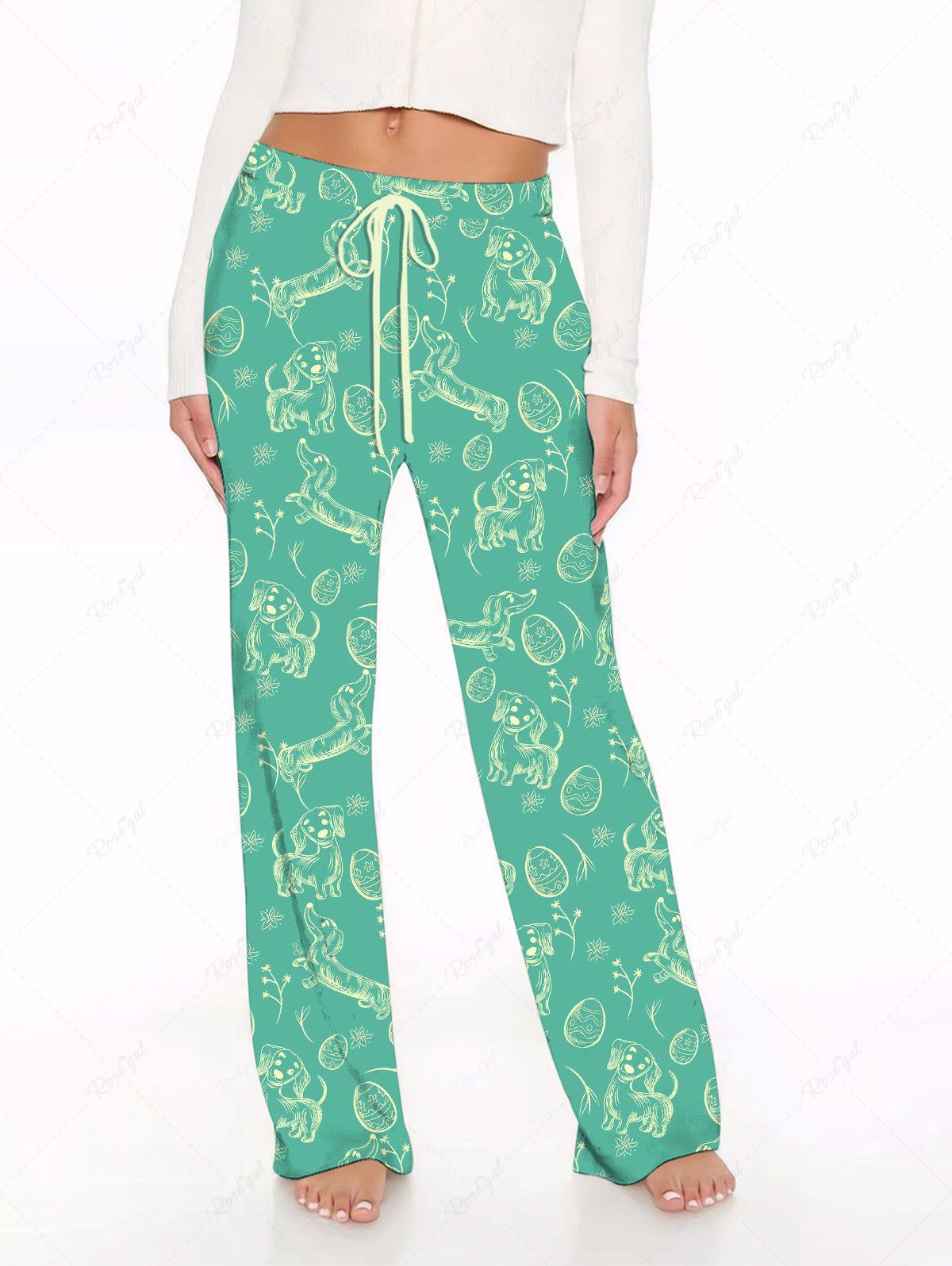 Plus Size Dog Easter Egg Printed Drawstring Wide Leg Pants