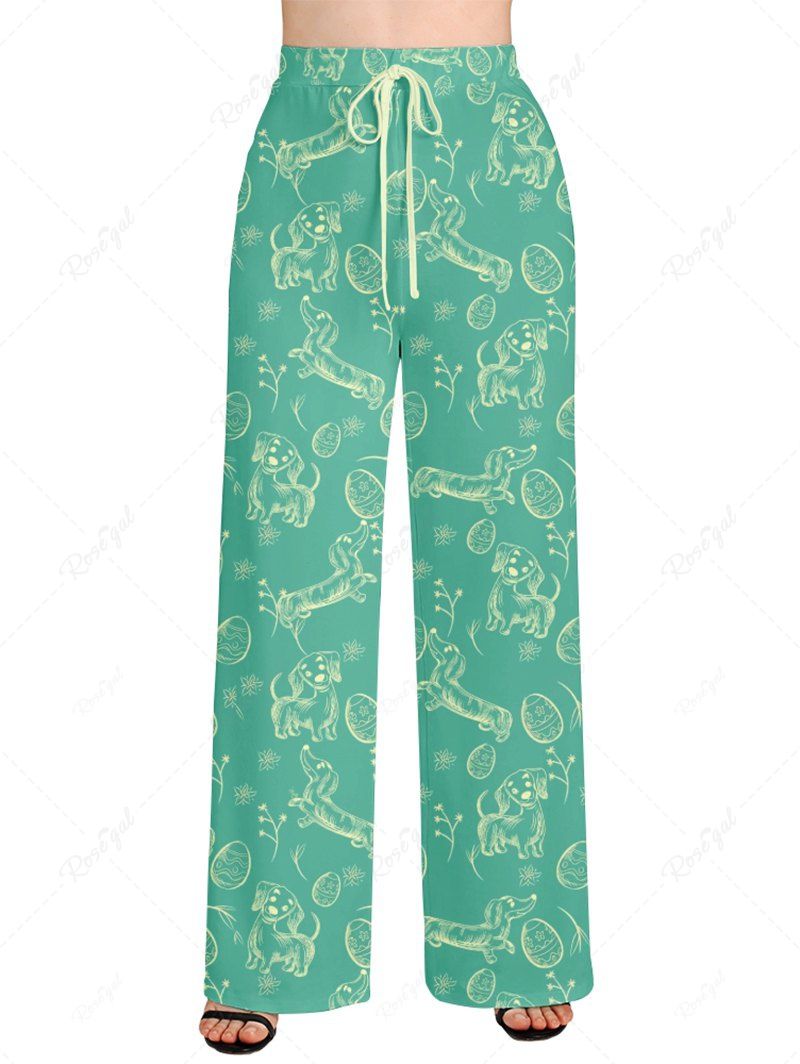 Plus Size Dog Easter Egg Printed Drawstring Wide Leg Pants