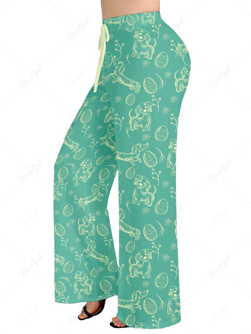 Plus Size Dog Easter Egg Printed Drawstring Wide Leg Pants