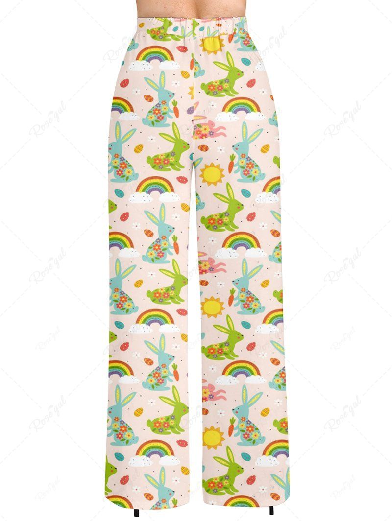 Plus Size Easter Rabbit Floral Sun Carrot Rainbow Printed Drawstring Wide Leg Pants