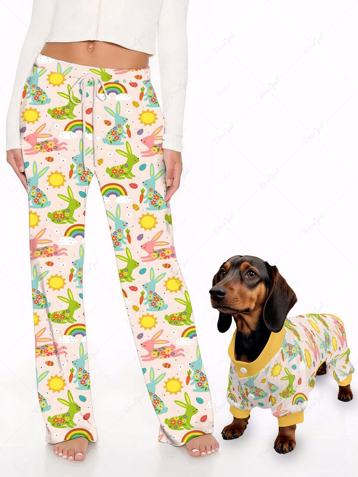Pyjama imprimé lapin de Pâques, soleil, carotte, arc-en-ciel, tenues assorties pour chien et propriétaire