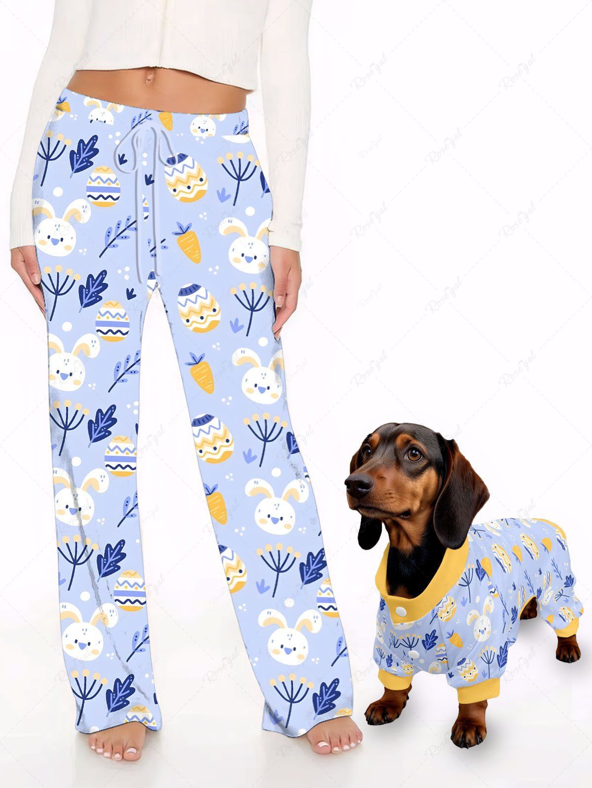 Pyjama et pantalon imprimés œuf de Pâques, lapin, carotte, feuille, tenues assorties pour chien et propriétaire