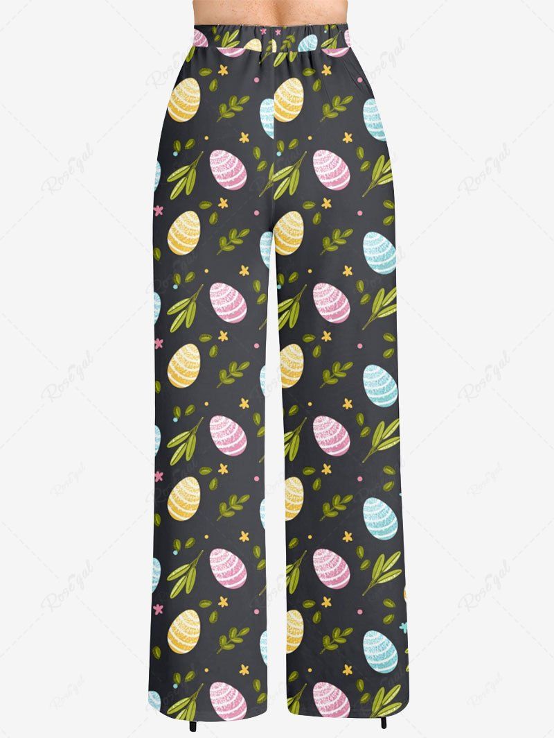 Plus Size Easter Egg Floral Leaf Printed Drawstring Wide Leg Pants