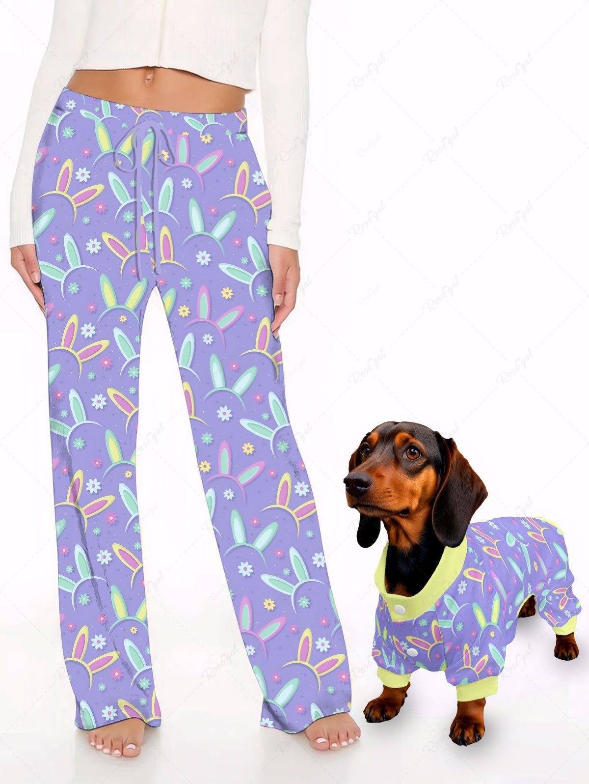 Easter Colorful Rabbit Ear Floral Print Pajama Pants Dog And Owner Matching Outfits