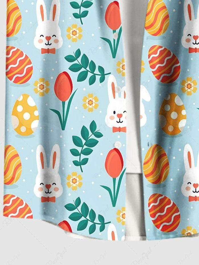 Plus Size Easter Egg Flower Leaf Rabbit Printed Buttons Pocket Shirt For Women