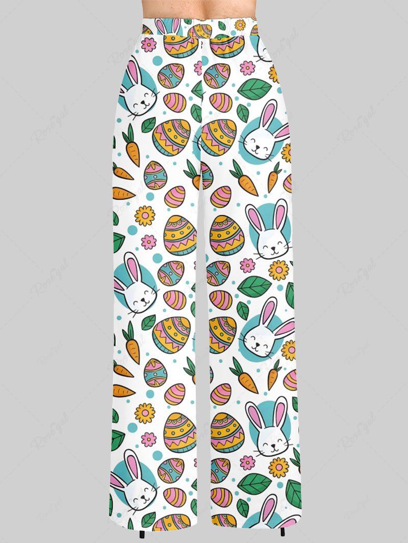 Plus Size Easter Egg Rabbit Carrot Flower Leaf Printed Drawstring Wide Leg Pants
