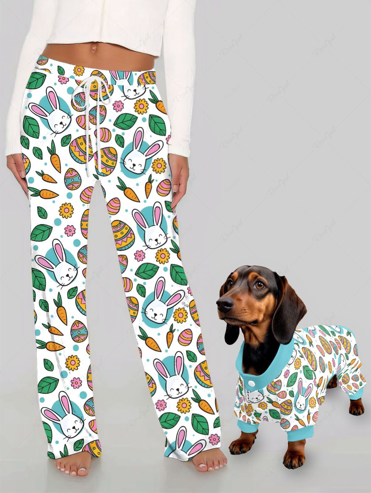 Pyjama imprimé œuf de Pâques, lapin, carotte, fleur, feuille, pantalon, tenues assorties pour chien et propriétaire